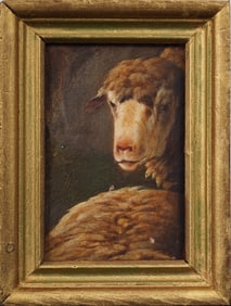Antique 19th c. Miniature Original Pastoral Sheep Portrait Oil Painting