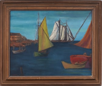 Vintage American Sailboat Harbor Impressionist Seascape Original Oil Painting