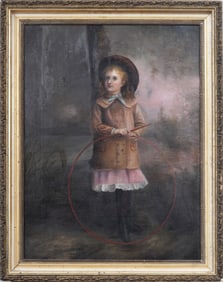 Antique American School Folk Art Young Child Framed Portrait Original Oil Painting