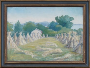 Antique American School Haystack Landscape Framed Original Oil Painting