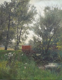 Antique Signed European Impressionist Wild Flower River  Landscape Large Original Oil Painting