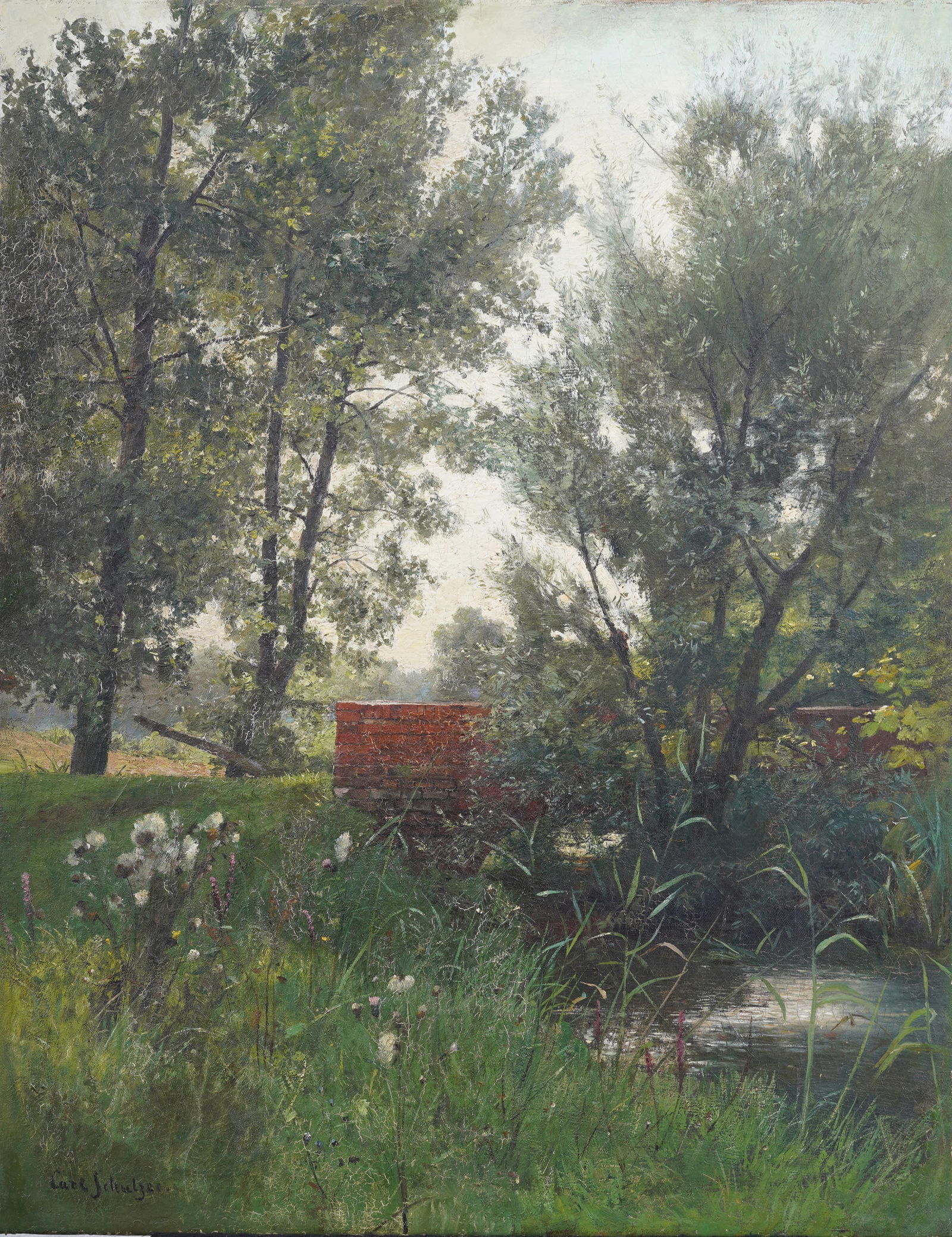 Antique Signed European Impressionist Wild Flower River  Landscape Large Original Oil Painting (1 of 6)