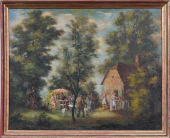 Signed Vintage American or European Impressionist Forest Party Framed Landscape Oil Painting