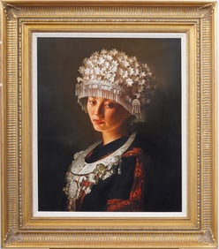 Jie Wei Zhou (Born 1962) Signed Vintage Chinese American Realist Woman Portrait Framed Painting