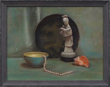 Vintage American Realist Conch Shell Pearl Necklace Still Life Signed Framed Original Oil Painting
