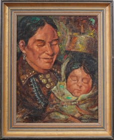 Louis Lundean (1894 - 1961) Antique Native American Family Portrait Framed Original Oil Painting