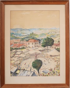 Vintage Signed Mexican Super Detailed Town Festival Framed Landscape Painting