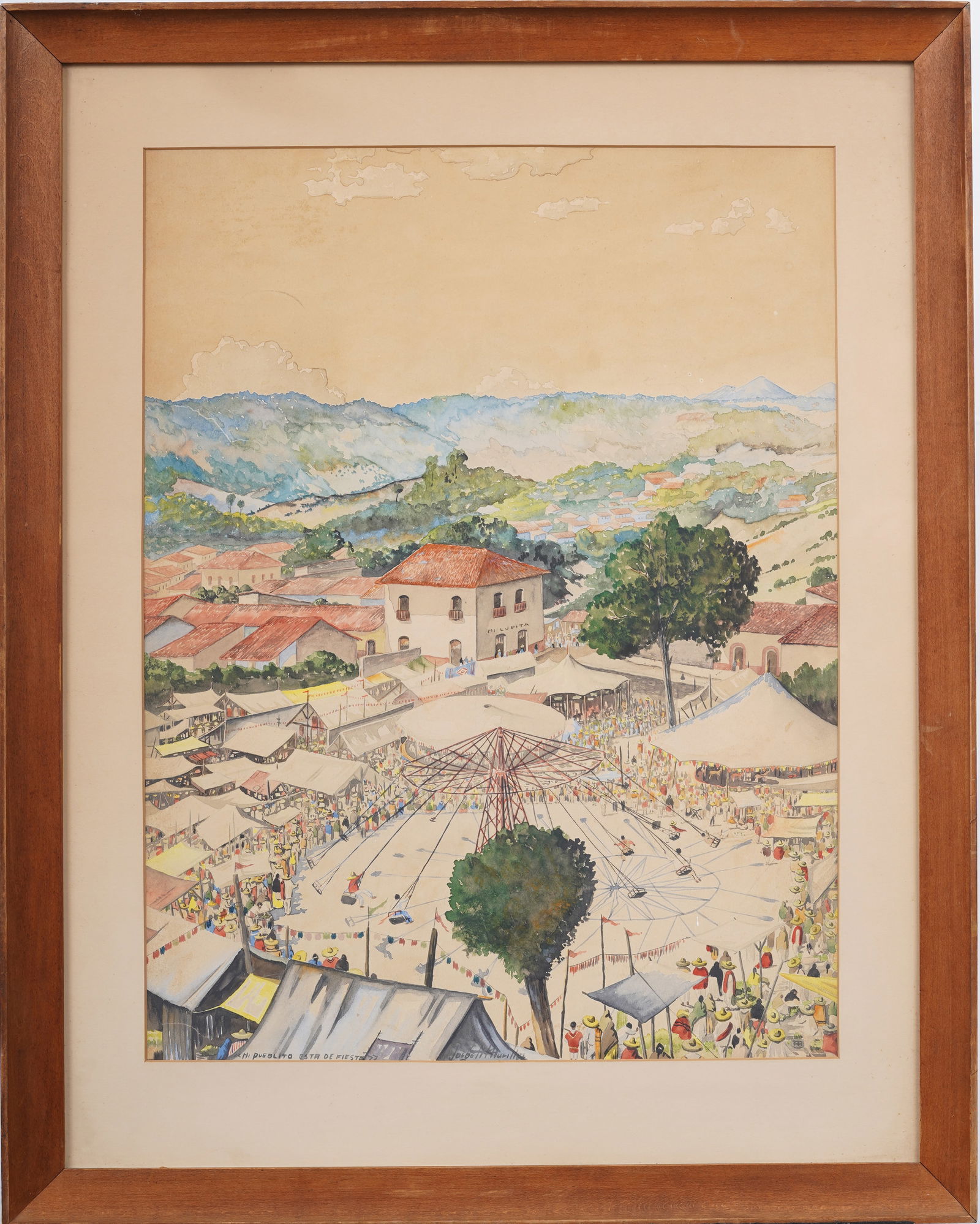Vintage Signed Mexican Super Detailed Town Festival Framed Landscape Painting (1 of 8)