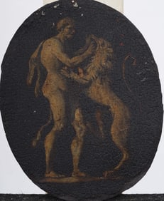 Antique Greek or Roman Old Master Fragment Nude Male Portrait with Lion Original Oil Painting