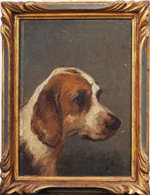 Antique French Realist Dog Portrait Nicely Framed Signed Original Oil Painting