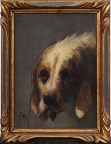 Antique French Realist Dog Portrait Nicely Framed Signed Original Oil Painting