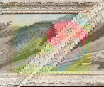 Jacques Émile Blot (1885-1960) Signed 1916 French Impressionist Parasol Woman Portrait Oil Painting