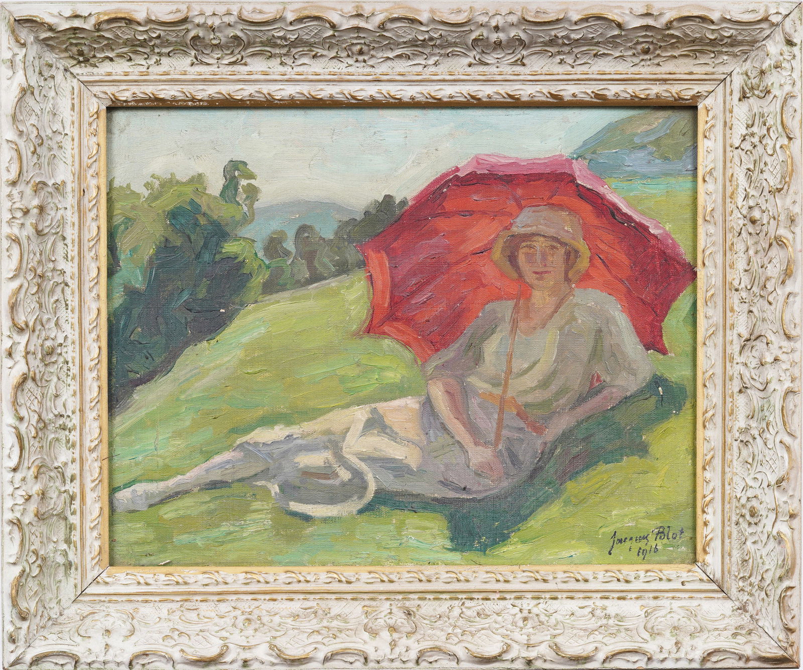 Jacques Émile Blot (1885-1960) Signed 1916 French Impressionist Parasol Woman Portrait Oil Painting (1 of 7)