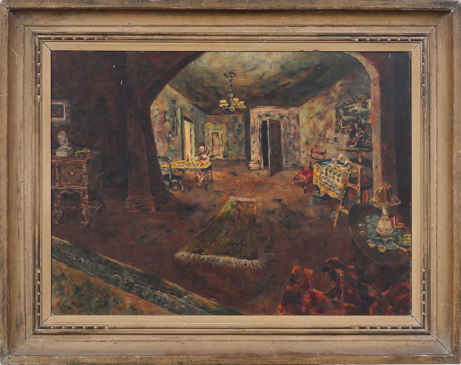 Sidney Gross (1921 - 1969) Vintage American Modernist Finely Framed Interior Scene Oil Painting: Vintage American oil painting by Sidney Gross (1921 - 1969). Oil on canvas. Signed. Framed. Measuring: 34 by 43 inches overall, and 25 by 34 painting alone. Please see all images for condition. Size i