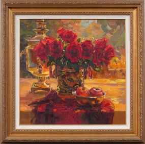Evgeny and Lydia Baranov (Born 1961/1964)  Vintage Russian Impressionist Rose Still Life Painting