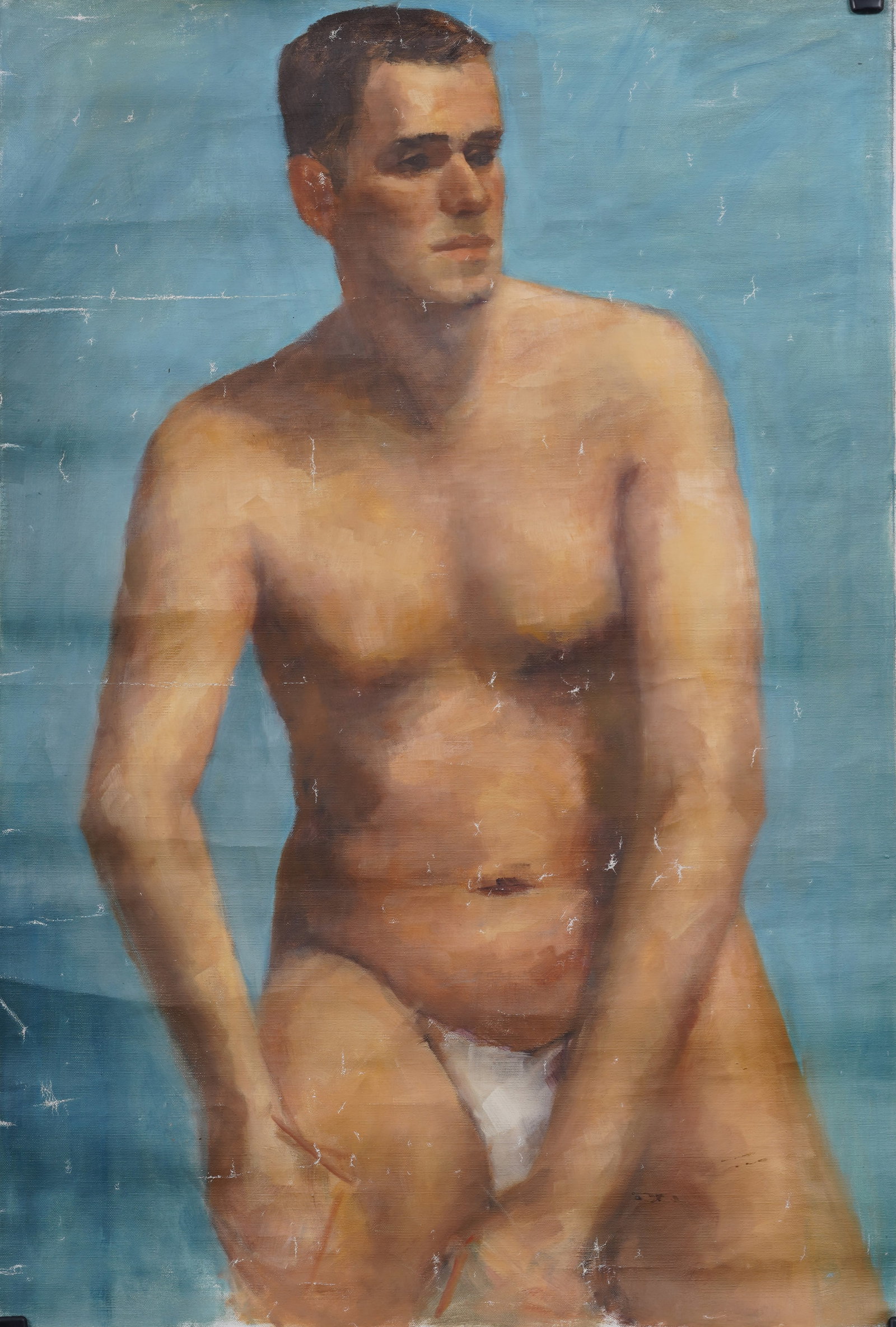 Vintage American Male Nude Artist Studio Original Oil Painting: Vintage American male nude oil painting. Oil on canvas. Unstretched. Measuring: 25 by 34 inches overall. Please see all images for condition. Size is measured and written on the back of the painting. 
