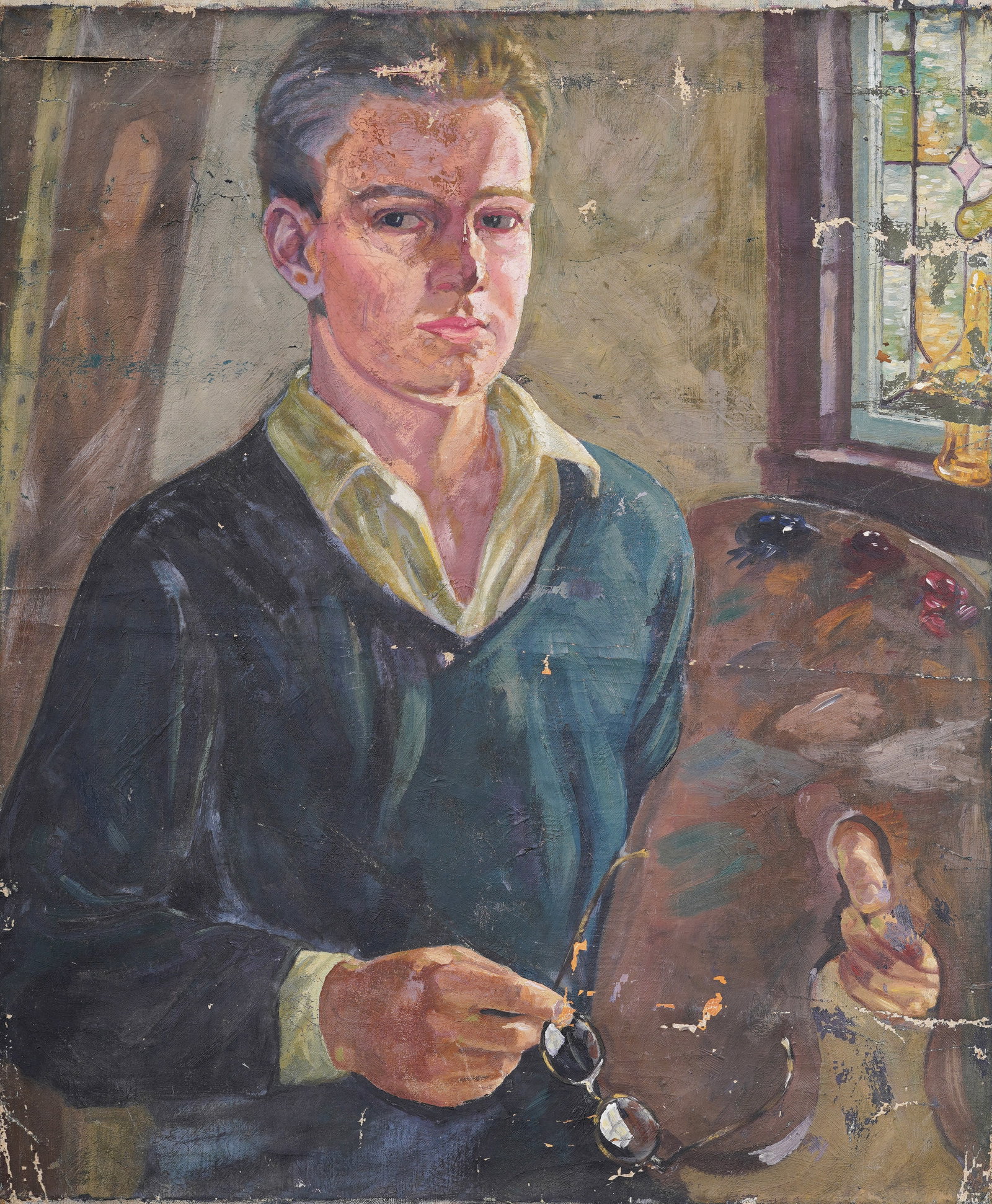 Vintage American Male Artist Self Portrait Interior Scene Oil Painting: Vintage American oil painting. Oil on canvas. Unstreched. Measuring: 20 by 24 inches overall. Please see all images for condition. Size is measured and written on the back of the painting. The first s