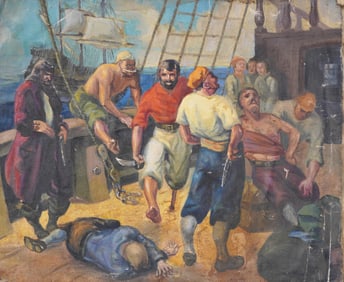 Vintage Signed Pirate Ship Modernist Seascape Original Oil Painting