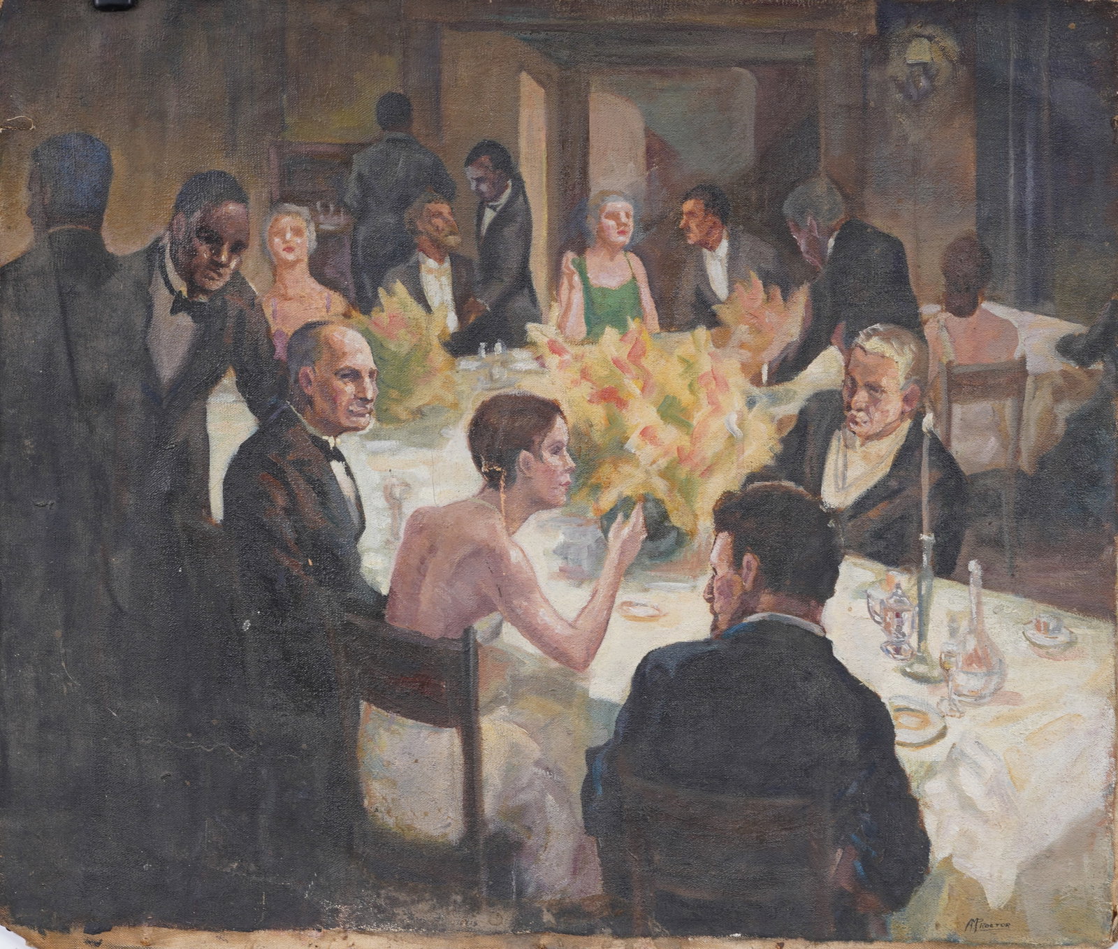 Vintage American Signed Ashcan School Dinner Scene Modernist Original Oil Painting: Vintage American oil painting. Oil on canvas. Signed. Measuring: 20 by 24 inches overall. Please see all images for condition. Size is measured and written on the back of the painting. The first size 
