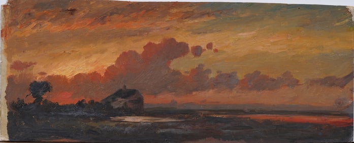 Antique American Hudson River School Oil on Paper Sunset Sketch Landscape Original Oil Painting