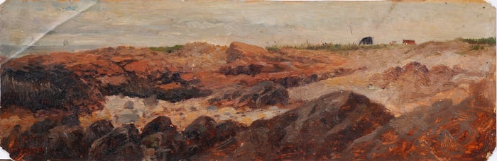 Antique American Hudson River School Oil on Paper Sunset Sketch Coastal Seascape Oil Painting