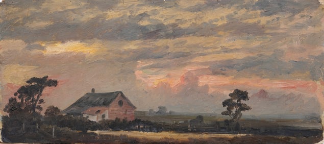 Antique American Hudson River School Oil on Paper Sunset Sketch Landscape Original Oil Painting