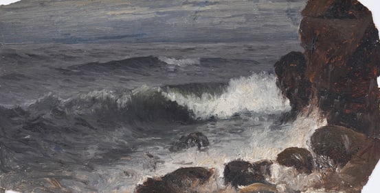 Antique American Hudson River School Oil on Paper Sunset Sketch Coastal Seascape Oil Painting