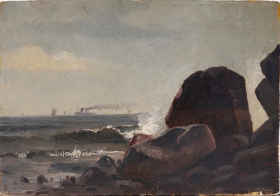 Antique American Hudson River School Oil on Paper Sunset Sketch Coastal Seascape Oil Painting