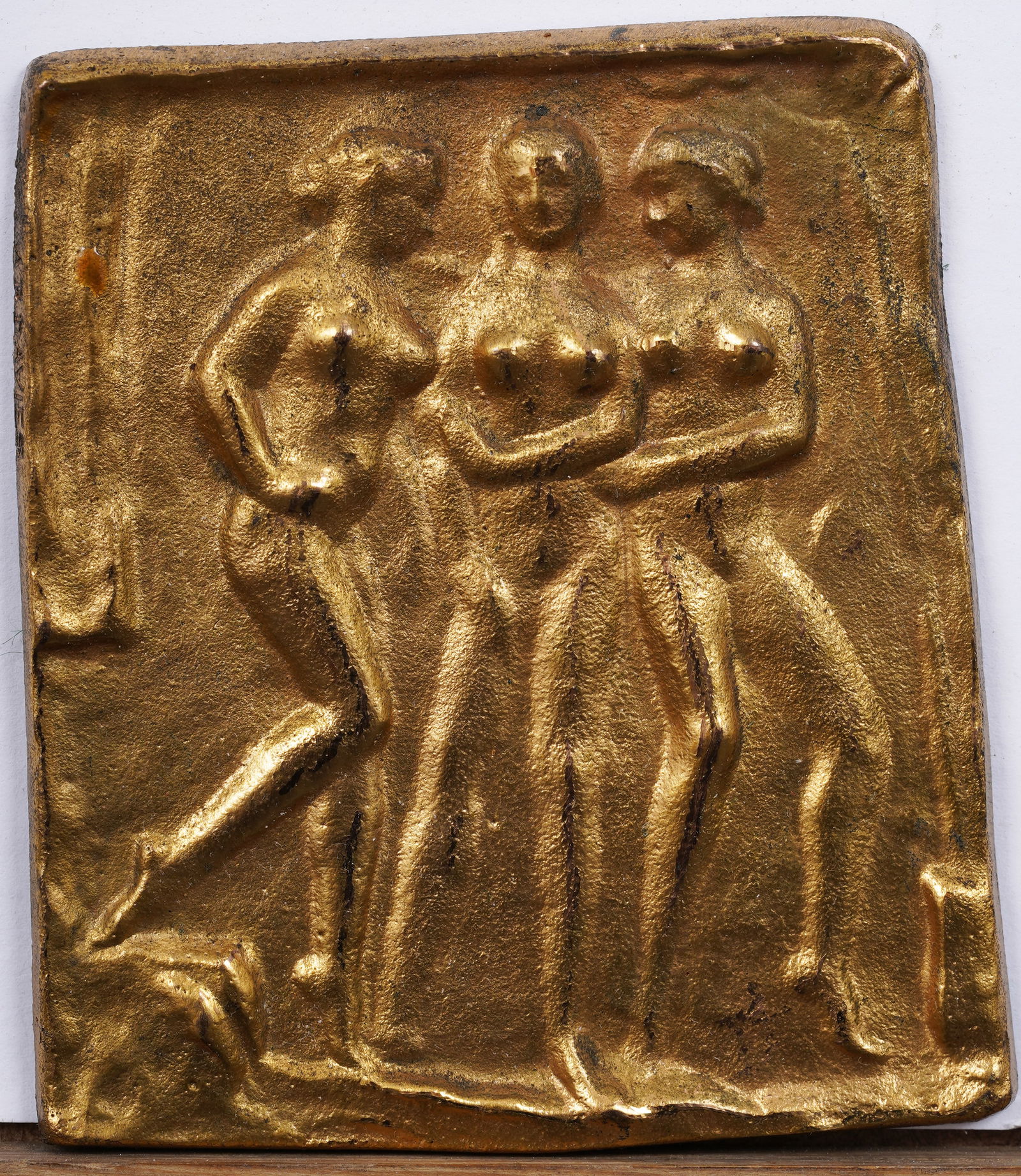 Arthur Bowen Davies American, 1862-1928 Three Graces Bronze Nude Sculpture with Gold Patina: Vintage American modernist nude bronze. Measuring: 3 by 3.25 inches overall. Please see all images for condition. Size is measured and written on the back of the painting. The first size is the overal