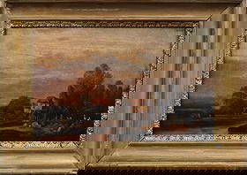 Antique European Luminous River Landscape Framed Original Oil Painting: Antique European landscape oil painting. Oil on panel. Framed. Measuring: 11 by 15 inches overall, and 7.75 by 11.5 painting alone. Please see all images for condition. Size is measured and written on