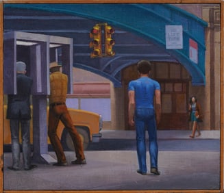 Peter Carella American Modernist Signed New York City Street Scene Framed Original Oil Painting