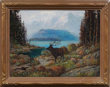 Signed "H Shuler"Antique American Western Mountain River Wild Elk Framed Original Oil Painting