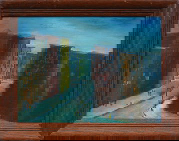 Eugene Arcieri  Vintage American Modernist New York Street Scene Framed Original Oil Painting