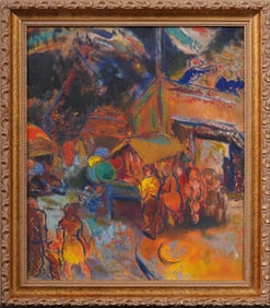 Vintage American Modernist Street Scene Framed Ashcan Carnival Market Original Oil Painting