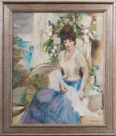 Vintage American Impressionist Elegant Woman Portrait Framed Signed Original Oil Painting