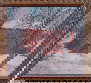 New Hope PA Antique American Impressionist Red Barn In Winter Framed Landscape Original Oil Painting