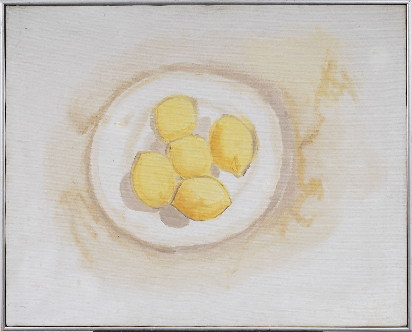 Vintage American Modernist Lemon Bowl Fruit Still Life Framed Original Oil Painting: Vintage American oil painting. Oil on canvas. Framed. Measuring: 25 by 31 inches overall, and 24 by 30 painting alone. Please see all images for condition. Size is measured and written on the back of