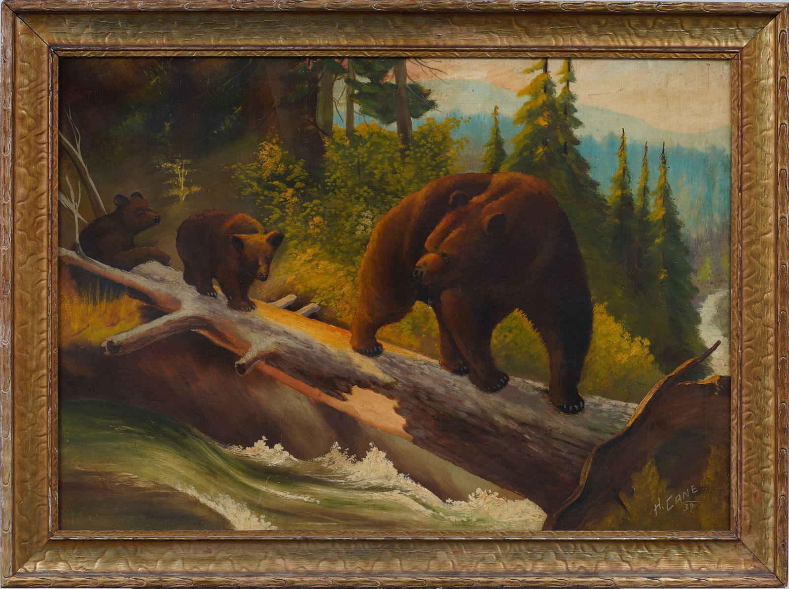 Antique American Signed Western Grizzly Bear Framed River Landscape Original Oil Painting (1 of 7)