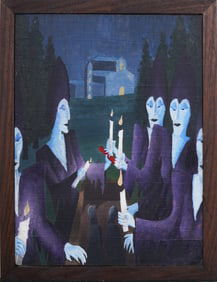 Vintage American School Framed Witches Macabre Cemetary Scene Original Oil Painting