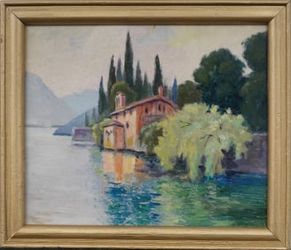 Antique Italian Lake Como "La Romantica" Framed Impressionist Landscape Original Oil Painting
