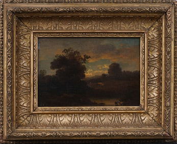 Antique Signed American or European Sunset Landscape Framed Luminous Original Oil Painting