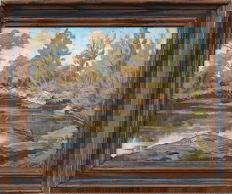 Antique French Impressionist Lake Landscape Framed Signed Oil Painting