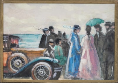 Vintage French Impressionist Monogrammed High Society Beach Scene Classic Car Painting