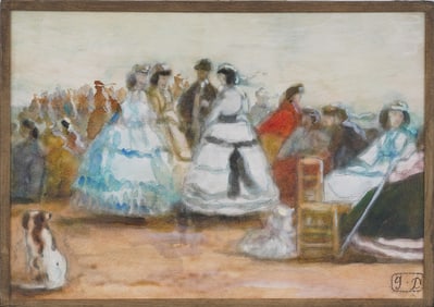 Vintage French Impressionist Monogrammed High Society Beach Scene Painting