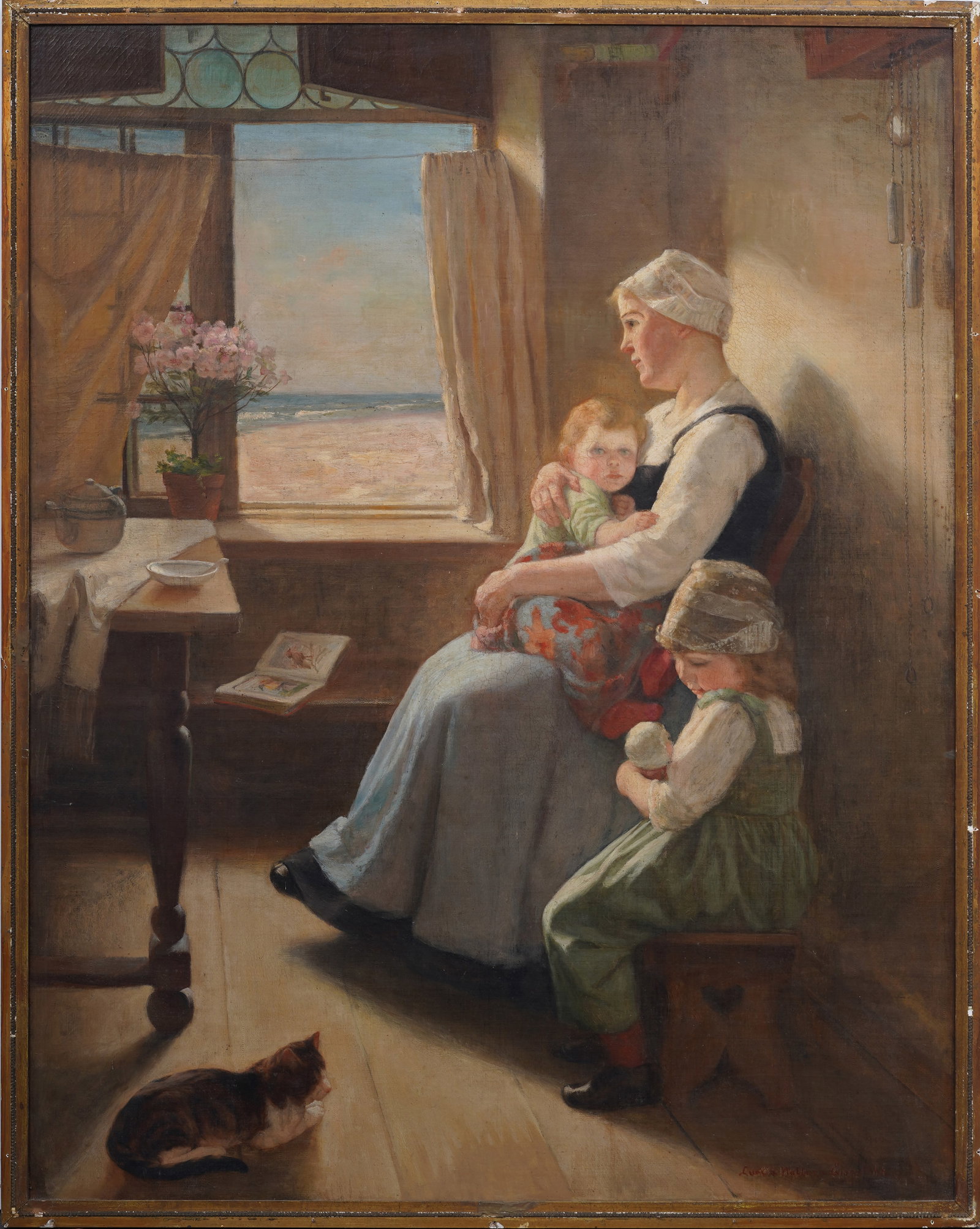 Luella Eisenlohr (1860-1932) French Seaside Impressionist Portrait Framed Original Oil Painting: Antique French impressionist seaside interior scene portrait oil painting. Oil on canvas. Signed. Framed. Measuring: 37 by 47 inches overall, and 35 by 45 painting alone. Please see all images for con