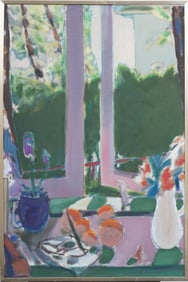 Vintage American Modernist Signed Interior Scene Pastel Palette Finely Painted Original Oil Painting