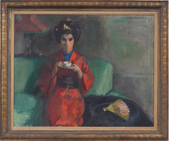 Vintage American School Modernist Japonisme Portrait Signed Framed Original Oil Painting