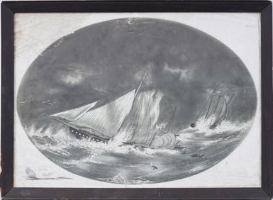 Signed 1858 American School Nautical Seascape Sailboat Scene Framed Original Painting