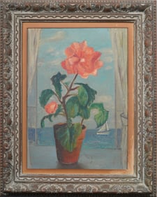 Antique American School Modernist Trompe L'Oeil Flower Still Life Framed  Seascape Oil Painting