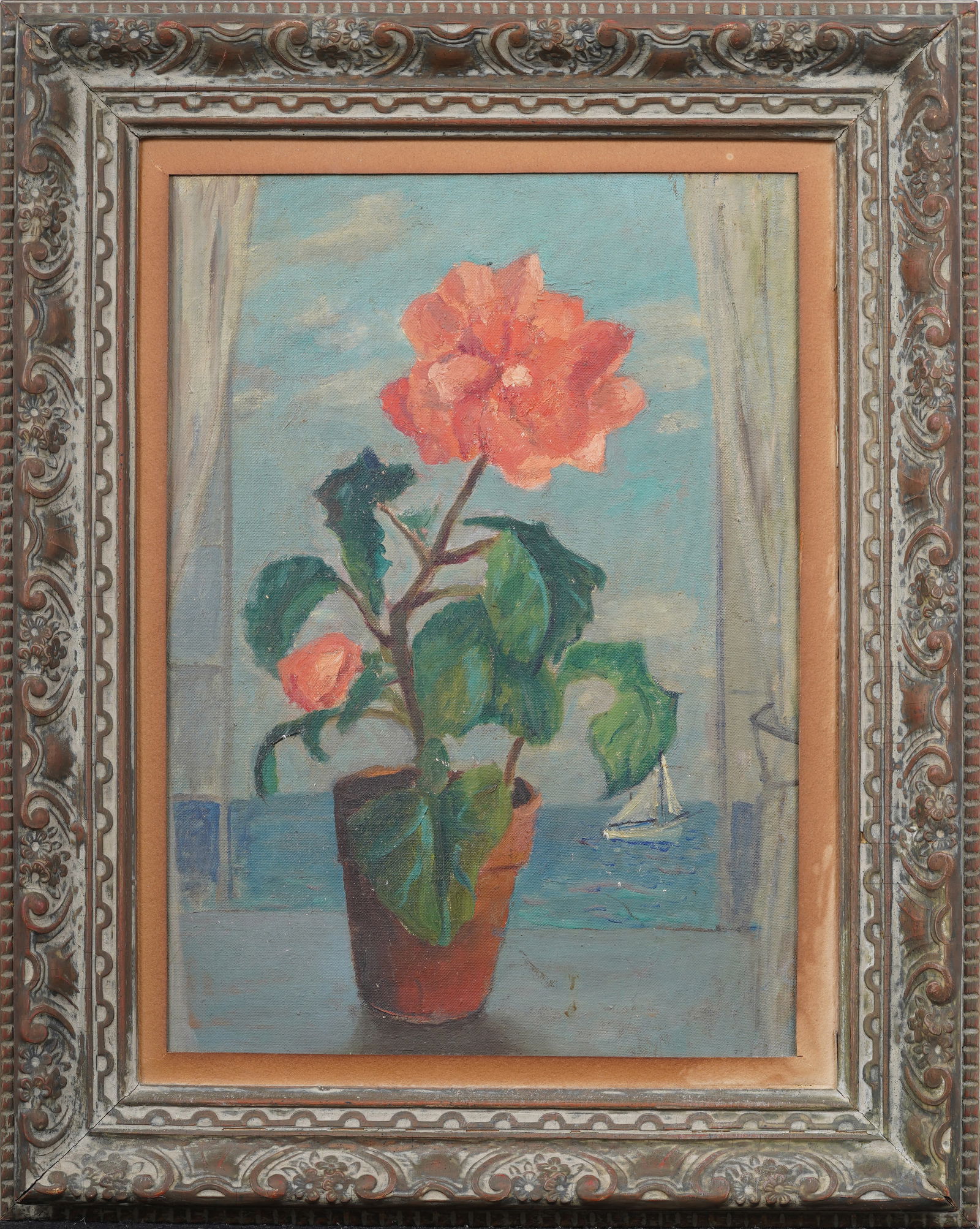 Antique American School Modernist Trompe L'Oeil Flower Still Life Framed  Seascape Oil Painting (1 of 5)